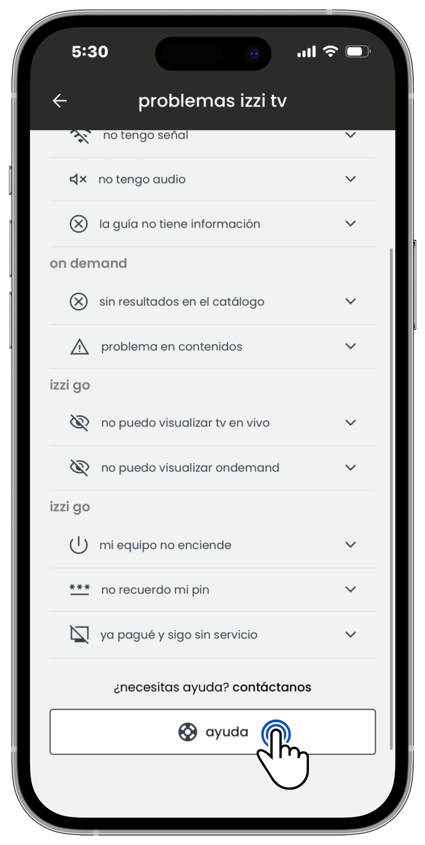Izzi App - Televisión - Problemas izzi tv - Botón Ayuda.jpg