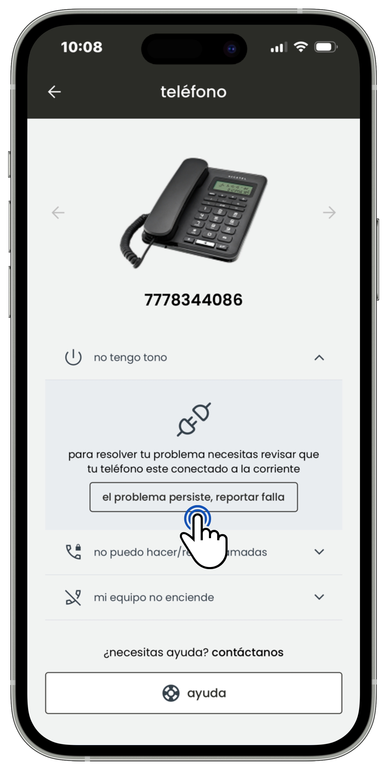 Izzi App - Teléfono - No tengo tono - El problema persiste, reportar falla.jpg