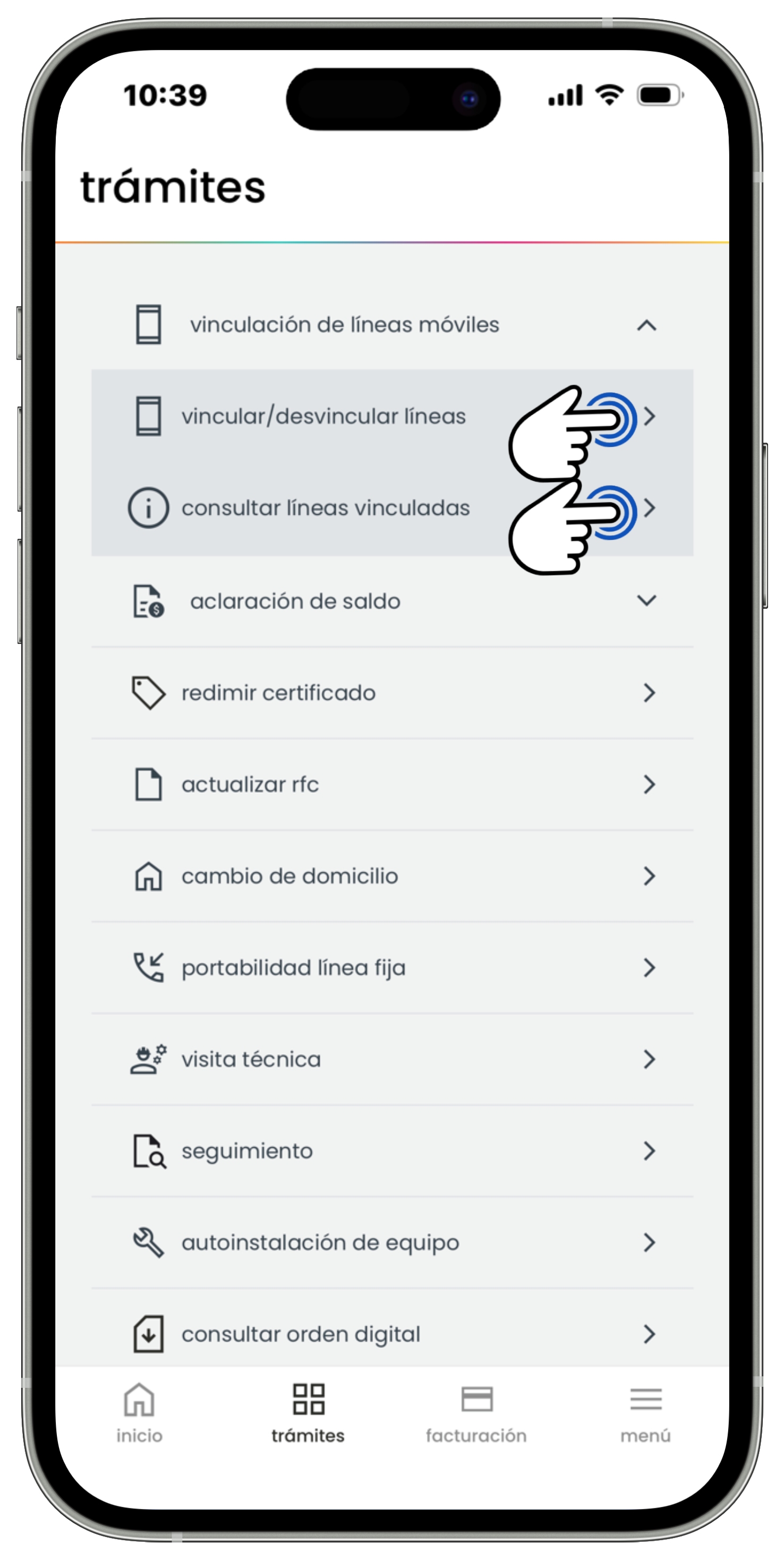 Izzi App - Trámites - Vinculación de líneas móviles - Opciones dentro.jpg