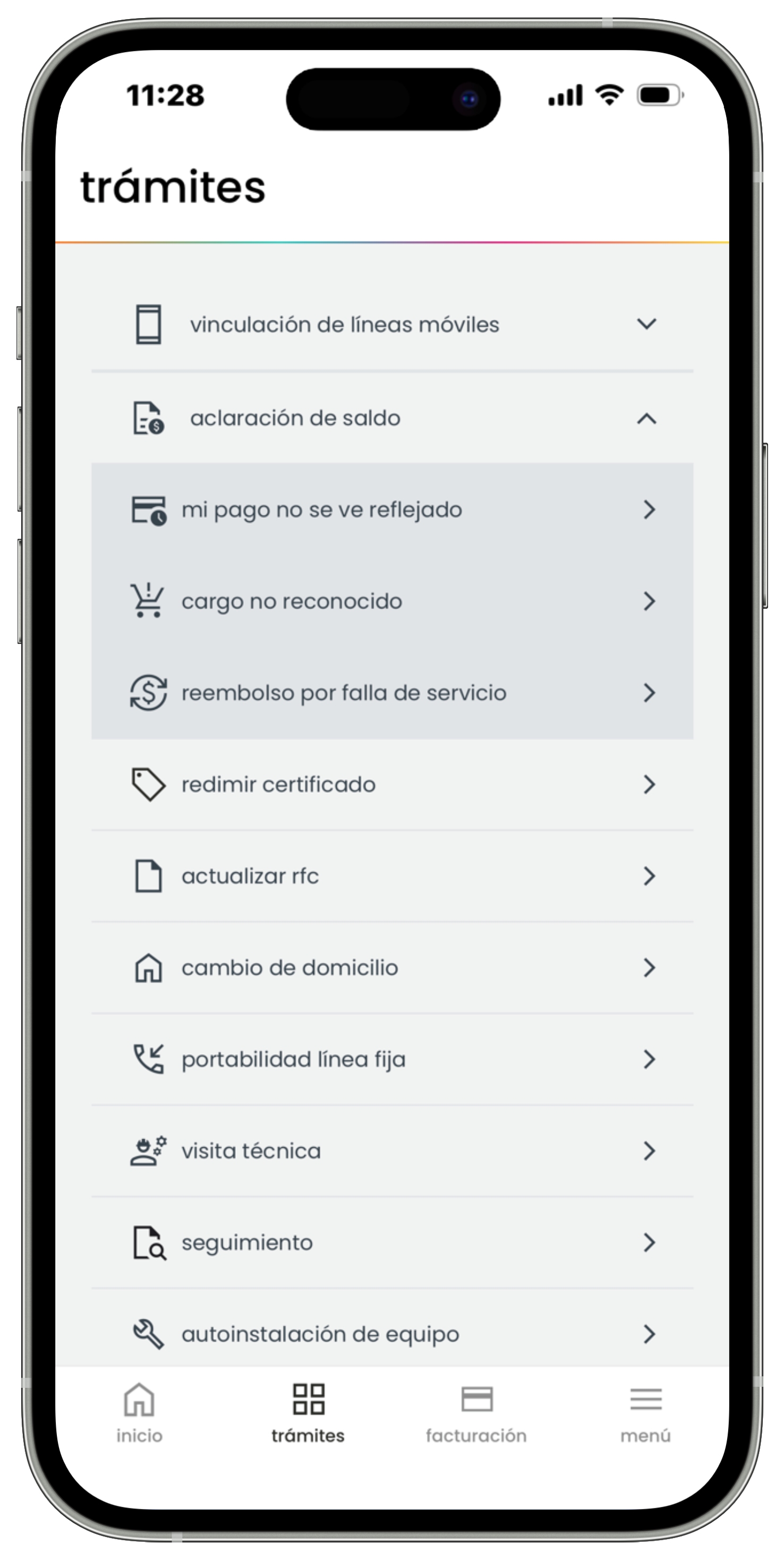 Izzi App - Trámites - Aclaración de saldo - Opciones disponibles.jpg