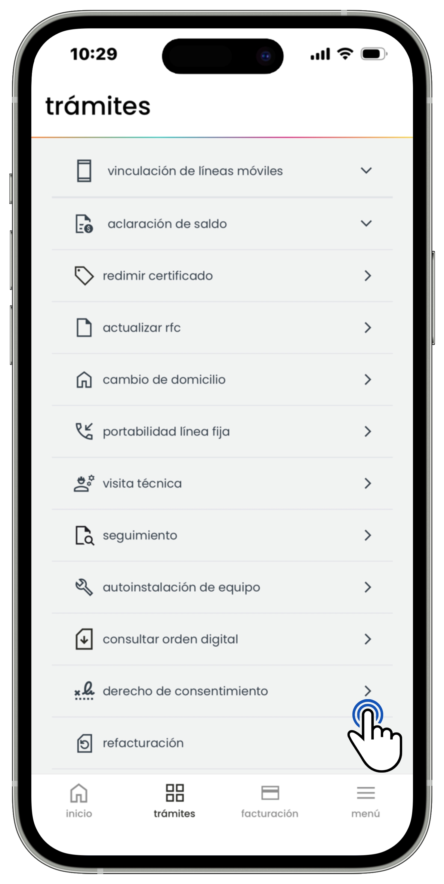Izzi App - Trámites - Opción Derecho de consentimiento.jpg