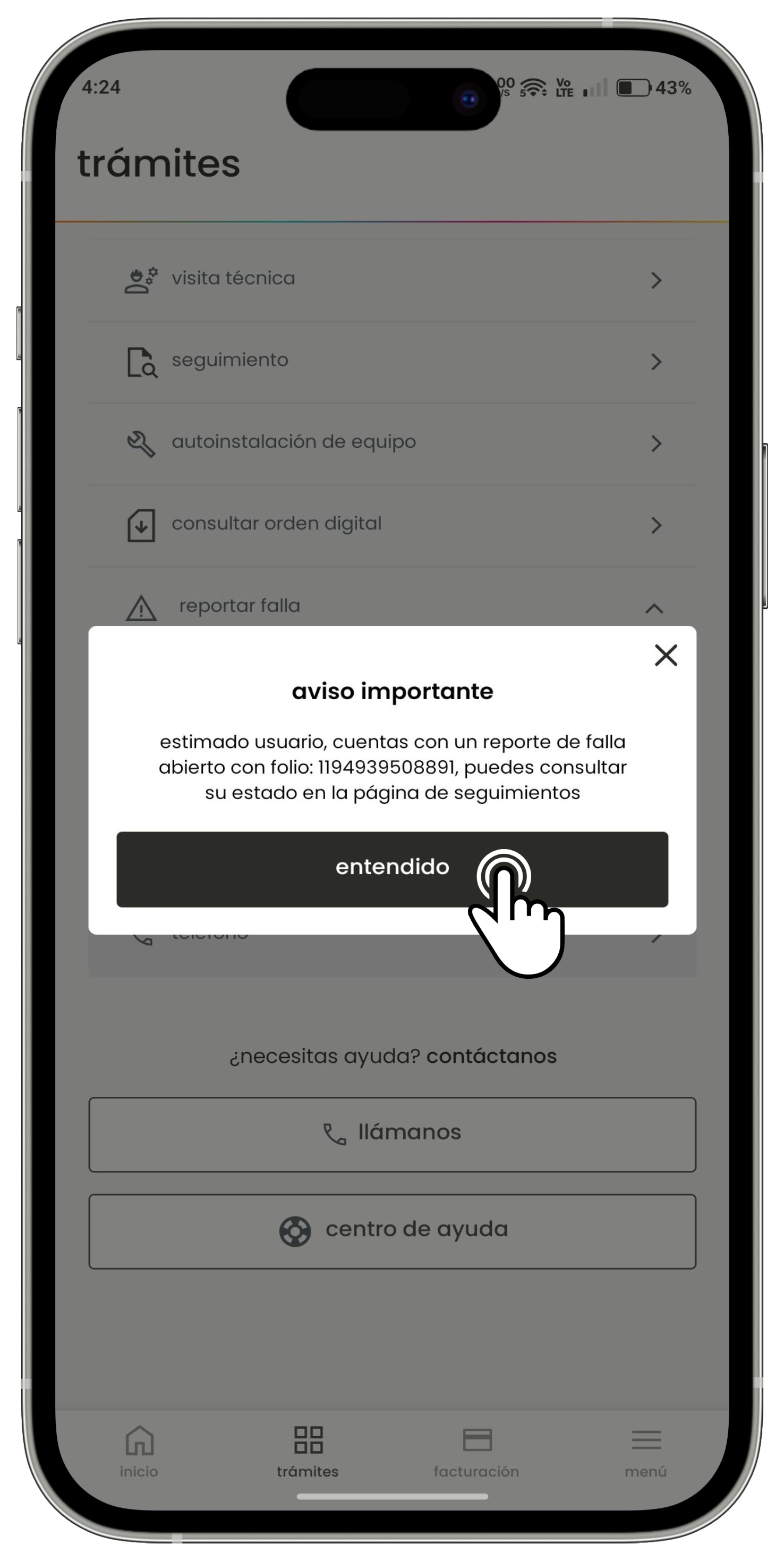 Izzi App - Trámites - Reportar falla - Aviso de falla.jpg