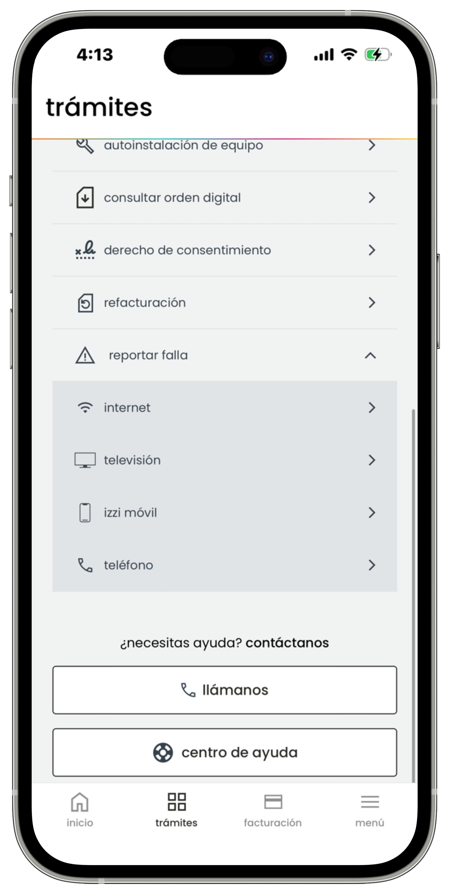 Izzi App - Trámites - Opción Reportar falla - Lista de servicios.jpg