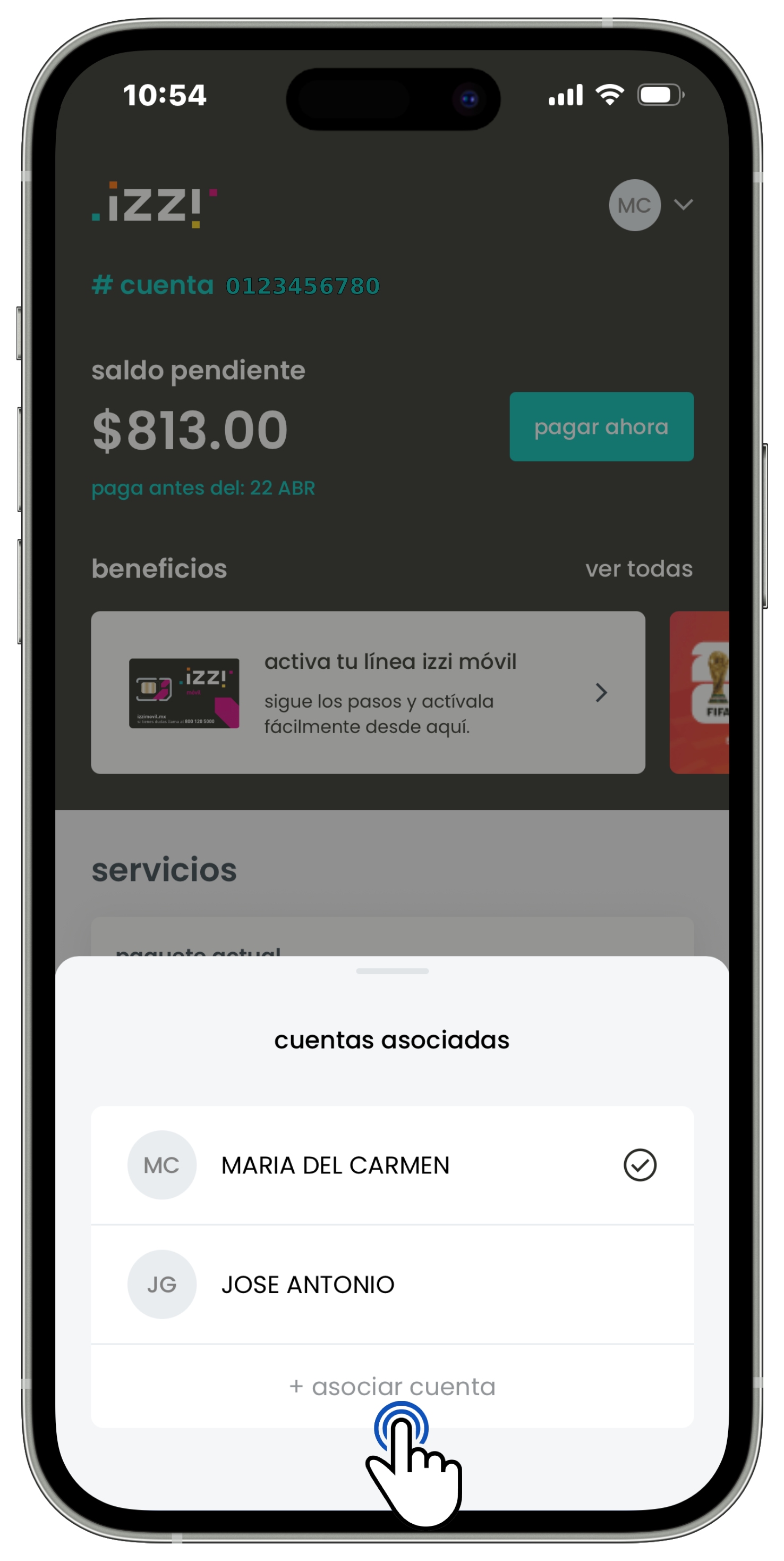 Izzi App - Pantalla Inicio - Perfil - Asociar nueva cuenta.jpg