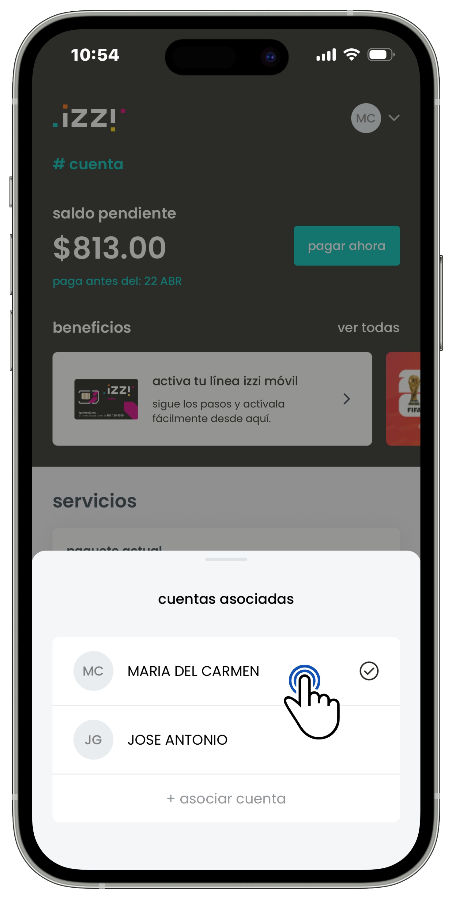 Izzi App - Inicio - Perfil - Cuenta asociada seleccionada.jpg