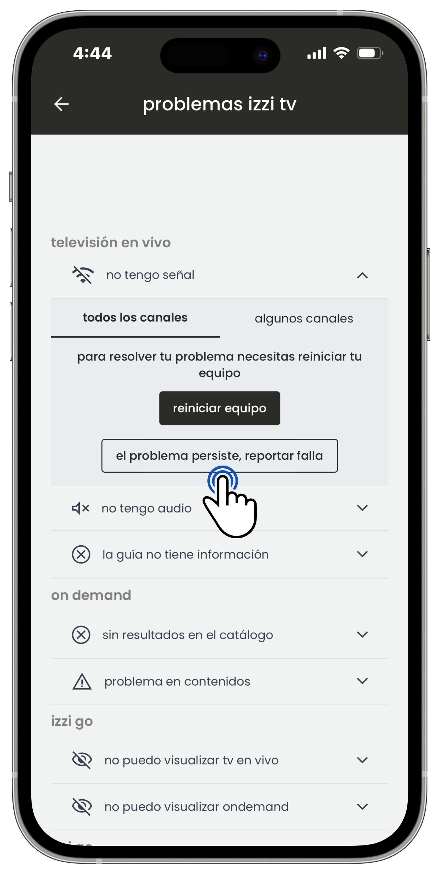 Izzi App - Televisión - El problema persiste, reportar falla.jpg
