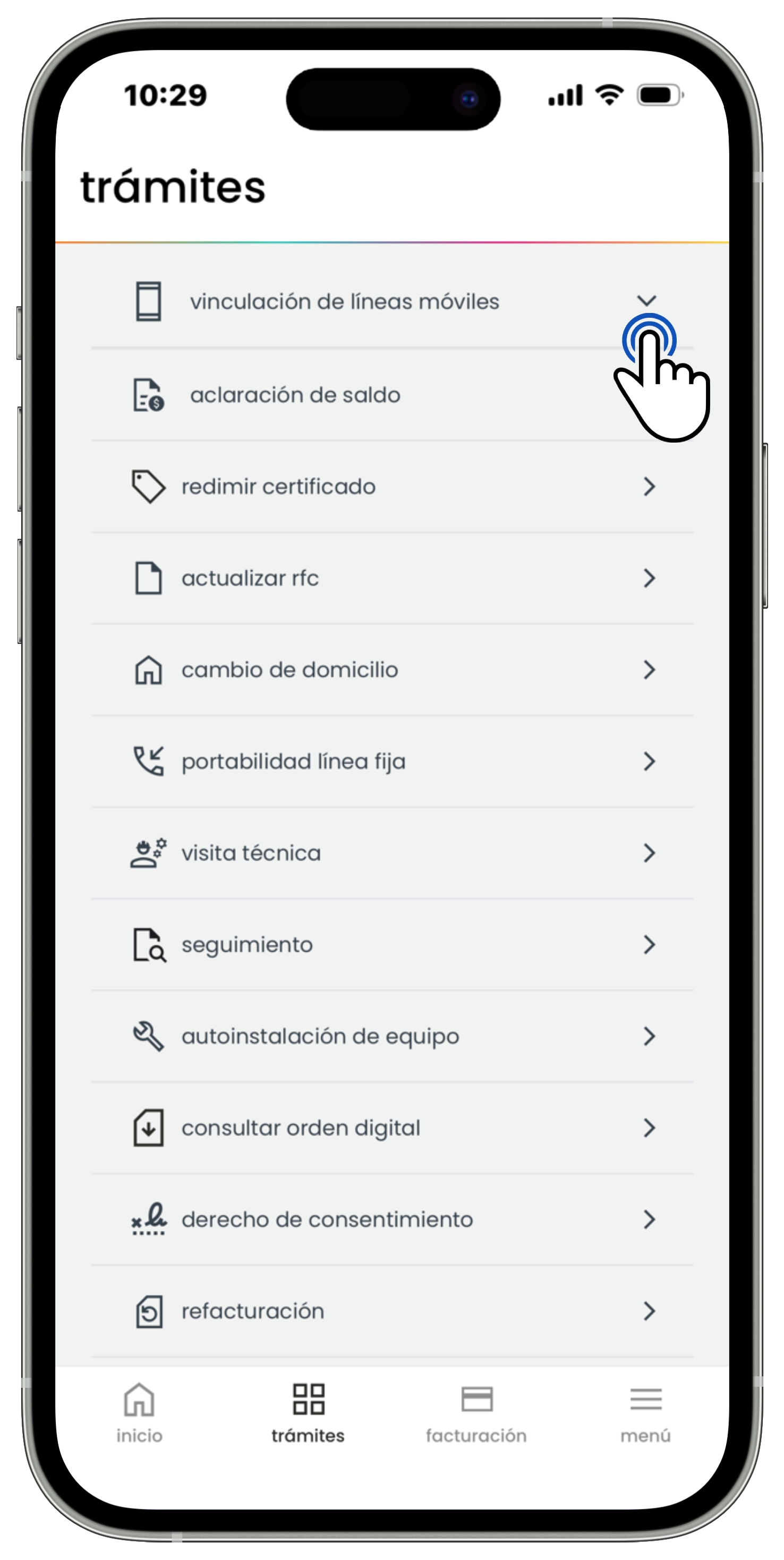 Izzi App - Trámites - Opción Vinculación de líneas móviles.jpg