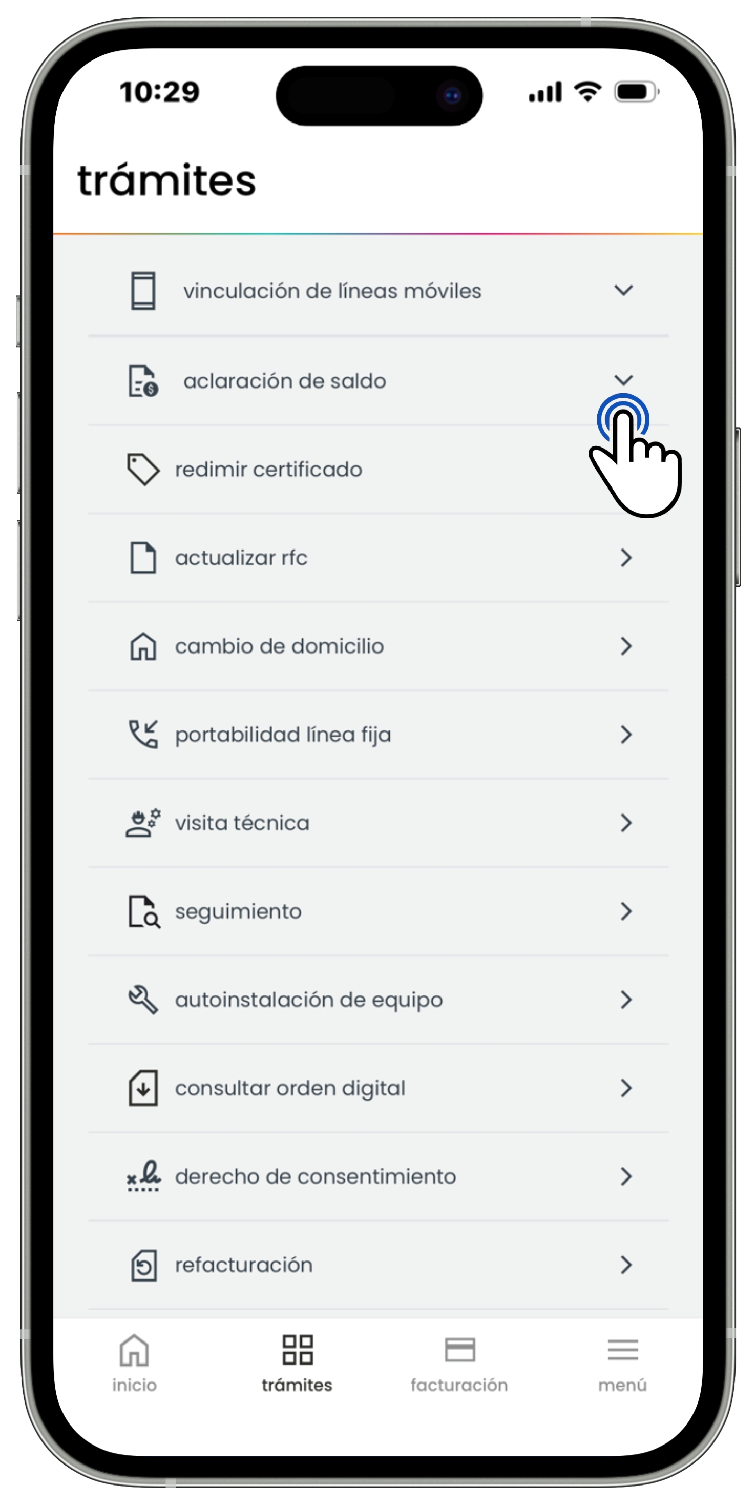 Izzi App - Trámites - Opción Aclaración de saldo.jpg