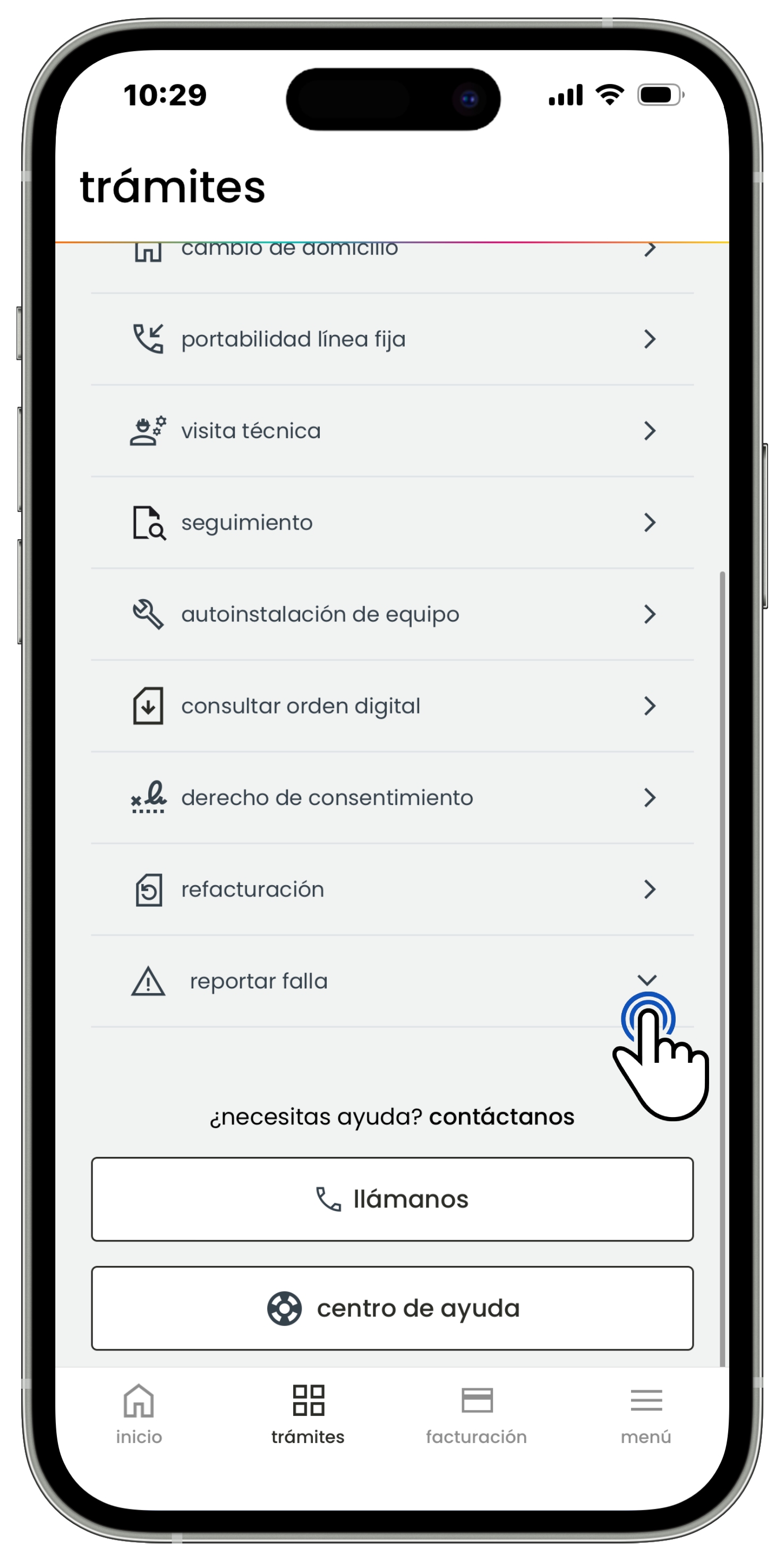 Izzi App - Trámites - Opción Reportar falla.jpg